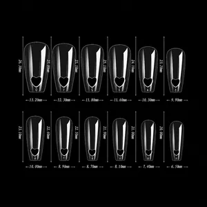 Size chart for coffin nails with heart cutout showing 12 precise dimensions in millimeters