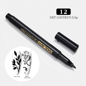 Detail of 3.5g black nail art graffiti pen showing glossy and matte top coat effects