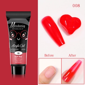 Détail du gel acrylique rouge foncé montrant le tube, l'échantillon et l'effet avant-après