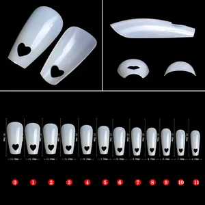 Size chart showing 12 dimensions of coffin shape false nails with heart hollow design
