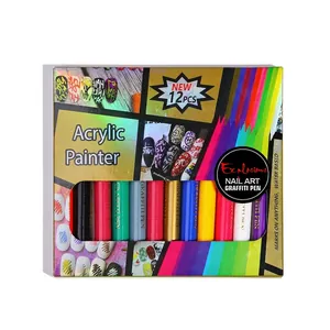 Detailed set of 12 multi-color acrylic nail art graffiti pens for professional drawing