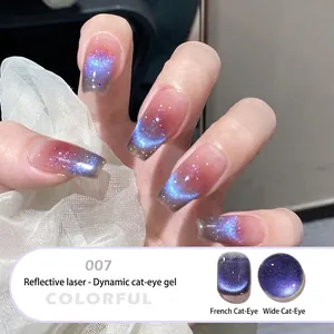 Detailed view of blue-purple cat eye nail polish with dynamic laser effect in shade 007