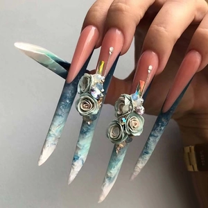 Detail of extra long stiletto press-on nails with 3D roses, rhinestones and metal chains
