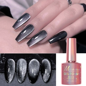 Macro detail of deep black cat eye magnetic nail polish with silver glitter shimmer