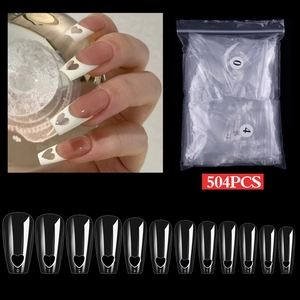 504pcs clear coffin false nails with heart cut-out design showing 12 sizes from 0-11