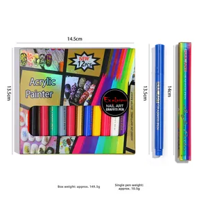 Detail view of 12pcs nail art graffiti pen set with dimensions and weight specifications