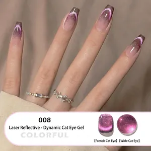 Close-up of dynamic cat eye nail gel polish in violet pink with laser reflective effect
