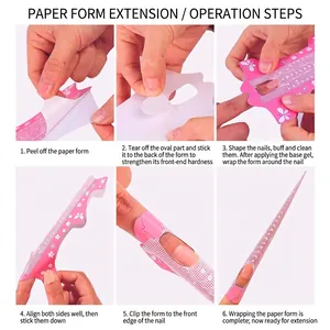 Six-step tutorial showing how to apply pink butterfly nail extension paper forms