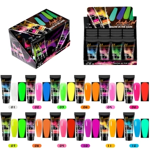 Detail of 12-piece glow-in-the-dark poly nail gel set with day and night effect swatches