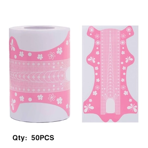 Roll of 50pcs pink nail extension guide stickers with white flower and butterfly patterns