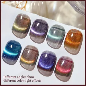 Dynamic cat eye nail polish set with diamond glitter effect in eight vibrant colors