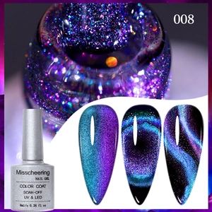 Macro shot of sparkling cat eye nail polish with vibrant blue and purple magnetic effect