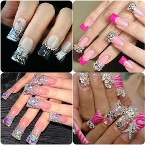 Set de uñas postizas duckbill con diseños góticos cromados, purpurina rosa y cristales