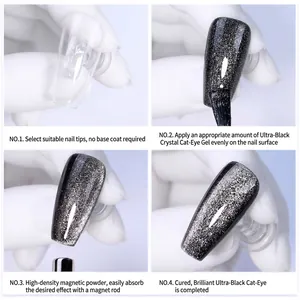 Step-by-step tutorial for black crystal cat eye gel polish with high density magnetic effect