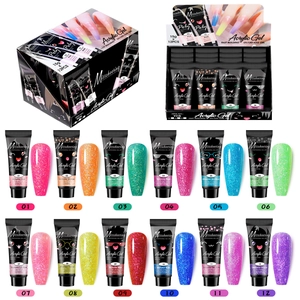 Detailed set of 12 glitter extension nail gels in various colors with display box