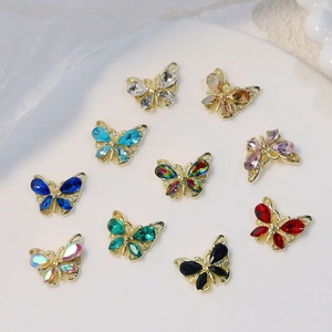 Set of 10 colorful crystal butterfly nail charms with 3D alloy frame for luxury nail art