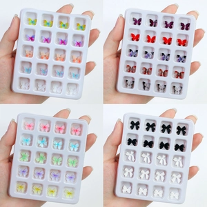 3D aurora resin butterfly nail charms set in white storage tray for manicure art decoration