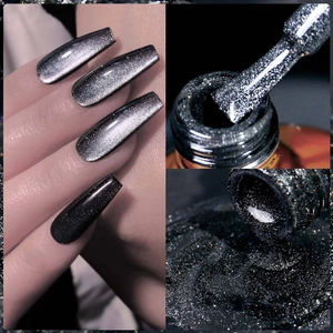 Sparkling dark black crystal cat eye nail polish with intense magnetic glitter effects