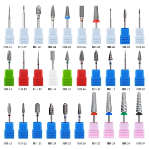 Set of 30 professional carbide nail drill bits with color-coded bands in various shapes