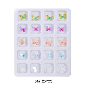 Close-up of 20 pieces 3D aurora resin butterfly nail charms in various gradient candy colors