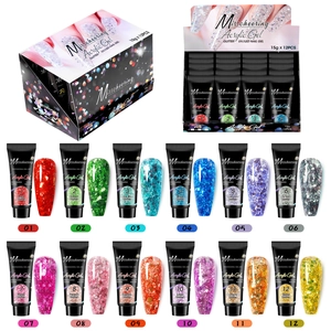 12 colors glitter nail extension gel kit with 15g tubes and color swatches display