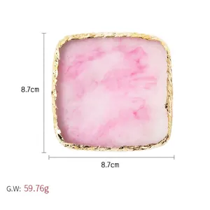 Vierkant hars nagelpalet met roze marmeren textuur en gouden randen, maat 8,7 cm