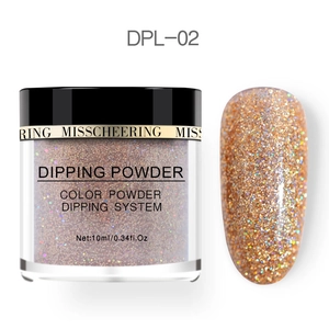 Close-up of champagne shimmer dipping powder jar with 10ml volume and matching nail sample