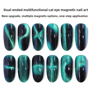 Macro shot showing 12 different cat eye nail art patterns created with magnet tools