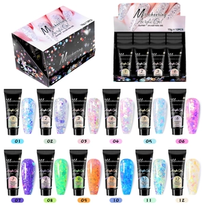 Detailed 12-color set of glitter acrylic nail extension gels with visual color swatches