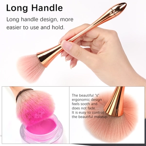 Pink gradient makeup brush with ergonomic rose gold handle for loose powder or blush