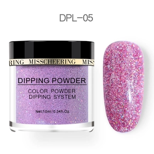 Macro shot of 10ml purple glitter dipping powder and applied nail effect on a swatch