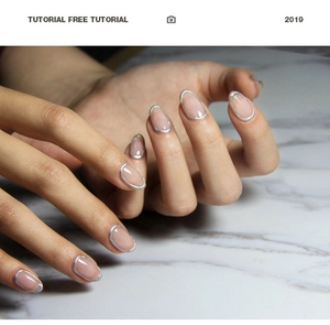Macro detail of nude gel nails with metallic silver chrome French tip outline style
