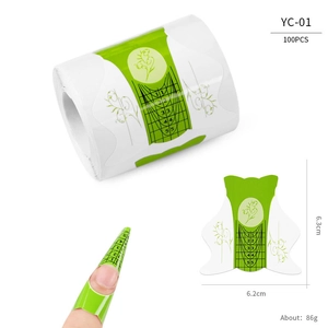 Macro detail of YC-01 green butterfly nail extension forms showing 1-5 scale measurement