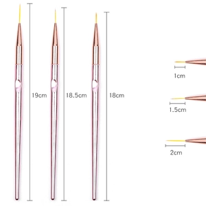 Set di 3 pennelli per nail art in oro rosa con misure di lunghezza e setole morbide