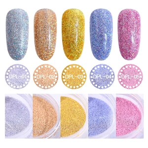 5-color nail dipping powder set with laser glitter effects in silver, gold, and pink