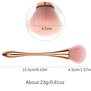 Rose gold makeup brush for nails and blush with soft pink bristles and dimensions