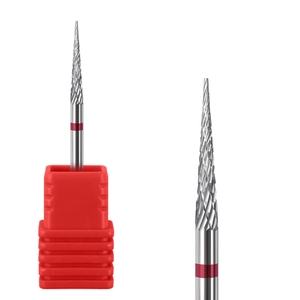 Macro detail of alloy nail drill bit with spiral cross-cut texture and red grade ring