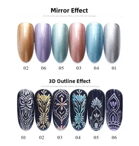Metallic nail art gel showing mirror finish and 3D textured floral line drawing effects