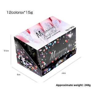 12-color acrylic nail extension gel set with glitter in 15g tubes showing 14x9x9.5cm box