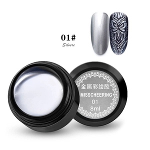 Silver metallic nail art gel in a jar with detailed floral painted patterns on nail tips