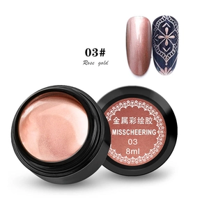 Macro view of rose gold metallic nail gel showing smooth texture and fine line art details