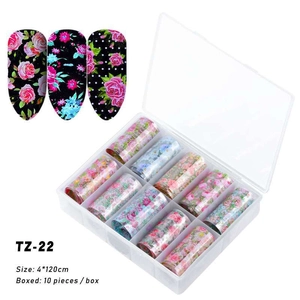Set di 10 rotoli di pellicole per unghie TZ-22 con disegni floreali e laser