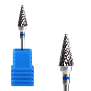 Detail of conical carbide nail drill bit with cross-cut texture and blue base