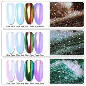 Nail aurora pigment powder set showing pearlescent chrome effects on diverse base colors