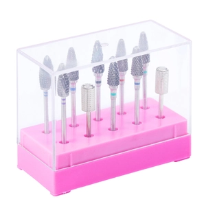 Set of 10 metal nail drill bits in a storage box with pink base and clear lid