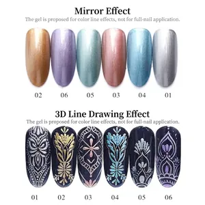 Mirror effect and 3D line drawing metallic nail art gel polish in six diverse colors