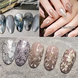 Japanese metallic nail gel art with mirror effect, water ripples, and 3D floral textures