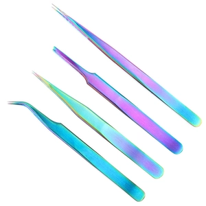 Set of four iridescent anti-static stainless steel tweezers for nail art and precision crafts