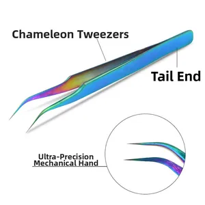 Macro detail of ultra-precision curved tip tweezers with chameleon rainbow coating finish