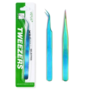 Rainbow anti-static stainless steel tweezers set with straight and curved tips